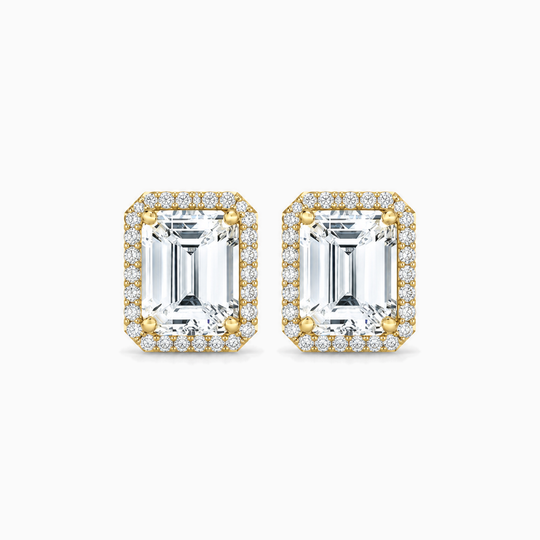 Emerald Cut Diamond Halo Earrings Yellow Gold Front