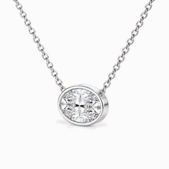 Oval Diamond Bezel Necklace White Gold Three Quarter