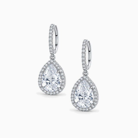 Pear Cut Diamond Drop Halo Earrings White Gold Angle