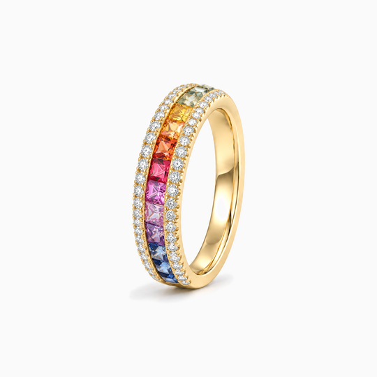 Sapphire Diamond Rainbow Eternity Ring Yellow Gold Standing