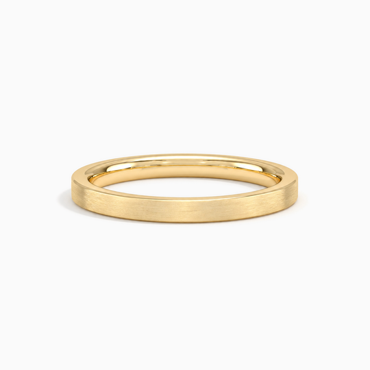 Womens 2Mm Heavy Weight Flat Court Matt Finish Wedding Ring Yellow Gold Lying