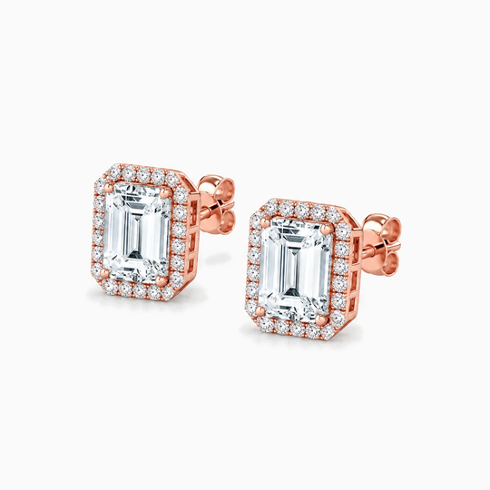 Emerald Cut Diamond Halo Earrings Rose Gold Angle
