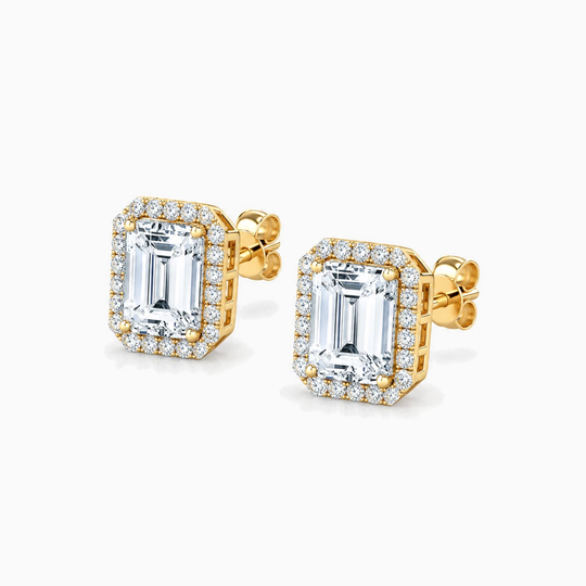 Emerald Cut Diamond Halo Earrings Yellow Gold Angle