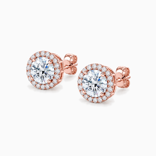 Round Diamond Halo Earrings Rose Gold Angle