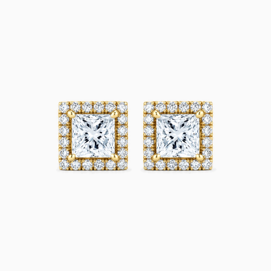 Princess Cut Diamond Halo Earrings Yellow Gold Front