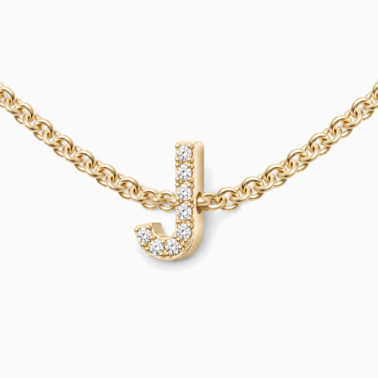Initial Diamond Necklace J Yellow Gold Three Quarter
