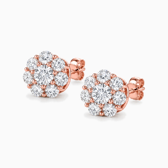 Round Diamond Illusion Cluster Earrings Rose Gold Angle