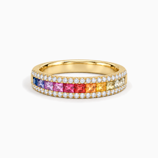 Sapphire Diamond Rainbow Half Eternity Ring Yellow Gold Lying