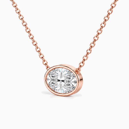Oval Diamond Bezel Necklace Rose Gold Three Quarter