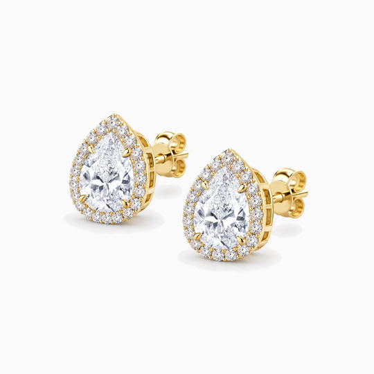 Pear Cut Diamond Halo Earrings Yellow Gold Angle