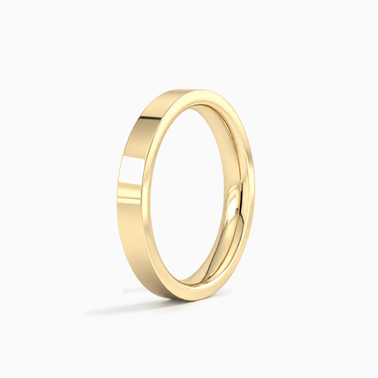 Womens 3Mm Heavy Weight Flat Court Wedding Ring Yellow Gold Standing