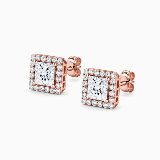 Princess Cut Diamond Halo Earrings Rose Gold Angle