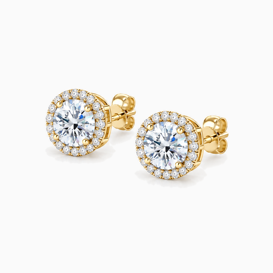Round Diamond Halo Earrings Yellow Gold Angle