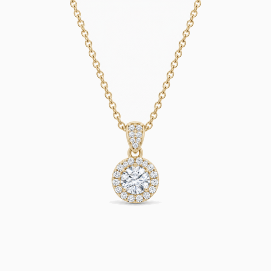 Round Diamond Bail Halo Necklace Yellow Gold Front