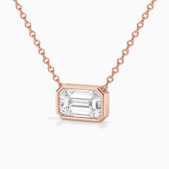 Emerald Diamond Bezel Necklace Rose Gold Three Quarter