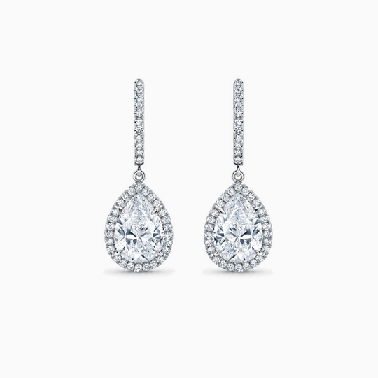 Pear Cut Diamond Drop Halo Earrings White Gold Front