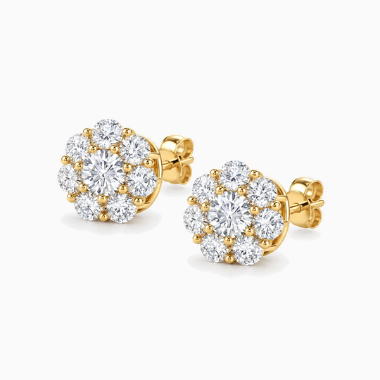 Round Diamond Illusion Cluster Earrings Yellow Gold Angle
