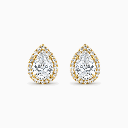 Pear Cut Diamond Halo Earrings Yellow Gold Front