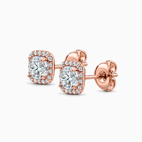 Cushion Cut Diamond Halo Earrings Rose Gold Angle