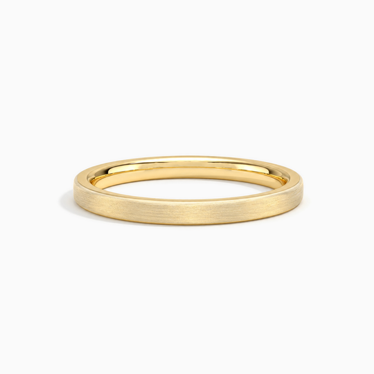 Womens 2Mm Flat Court Matt Finish Wedding Ring Yellow Gold Lying