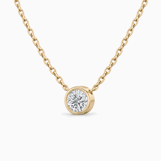 Round Lab Grown Diamond Bezel Solitaire Necklace Yellow Gold Three Quarter