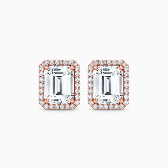 Emerald Cut Diamond Halo Earrings Rose Gold Front