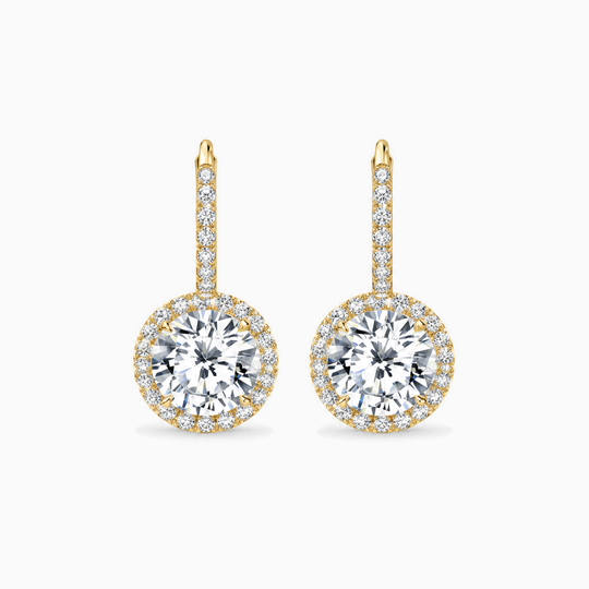 Round Diamond Drop Halo Earrings Yellow Gold Front