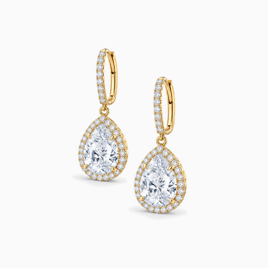 Pear Cut Diamond Drop Halo Earrings Yellow Gold Angle