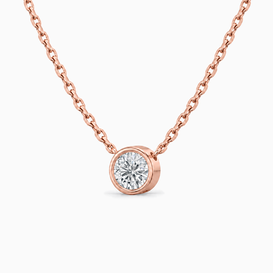 Round Lab Grown Diamond Bezel Solitaire Necklace Rose Gold Three Quarter