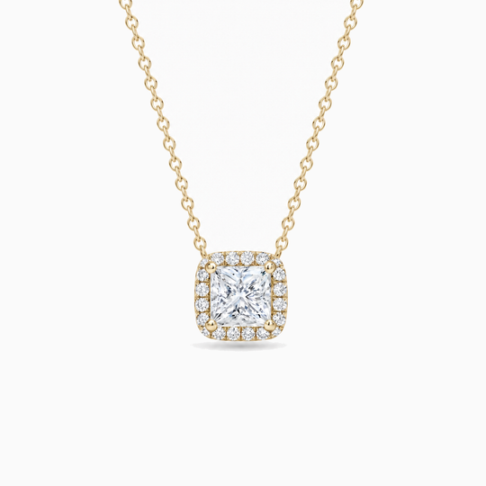 Princess Cut Diamond Halo Necklace Yellow Gold Front