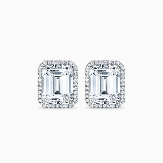 Emerald Cut Diamond Halo Earrings White Gold Front