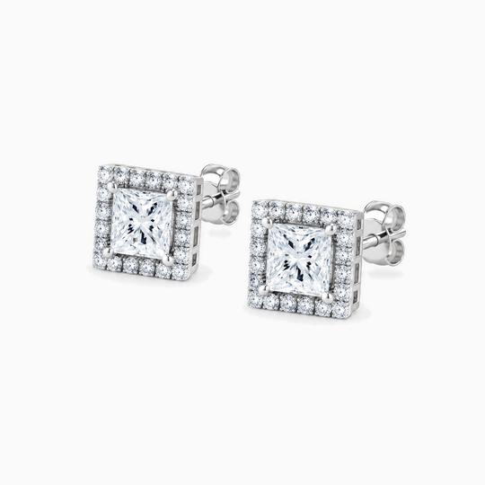 Princess Cut Diamond Halo Earrings White Gold Angle