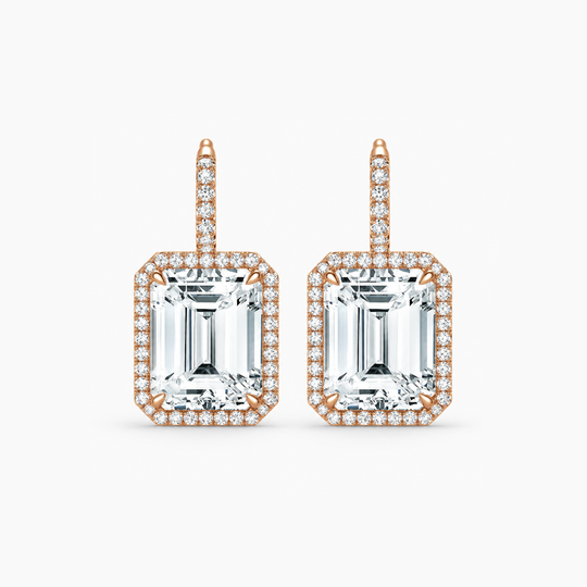 Emerald Cut Rg Diamond Halo Drop Earrings 1