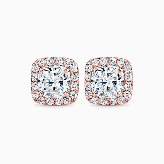 Cushion Cut Diamond Halo Earrings Rose Gold Front