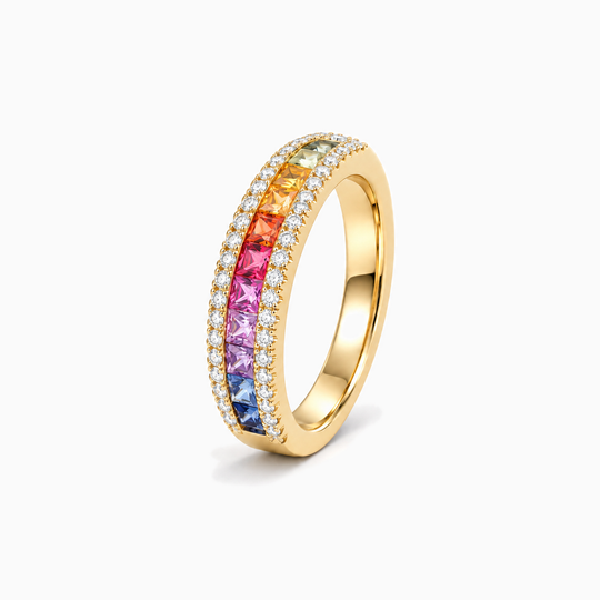 Sapphire Diamond Rainbow Half Eternity Ring Yellow Gold Standing