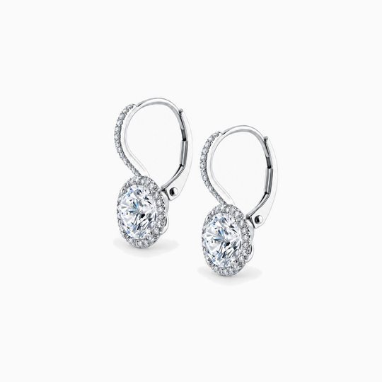 Round Diamond Drop Halo Earrings White Gold Angle