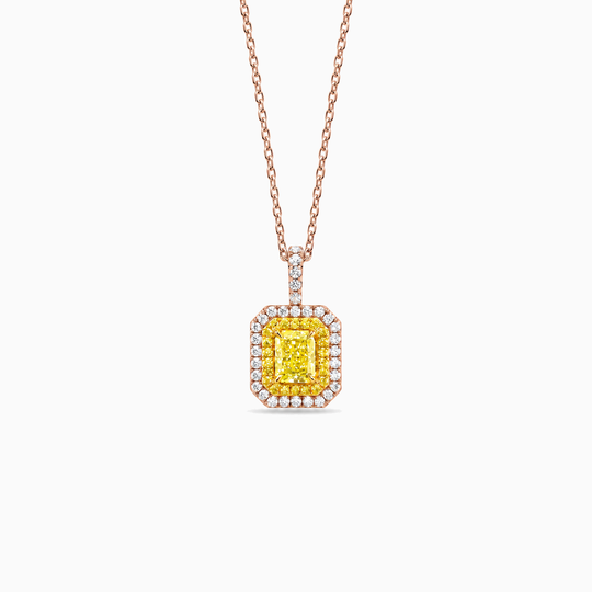 Radiance Lab Grown Yellow Diamond Double Halo Necklace Rose Gold Front