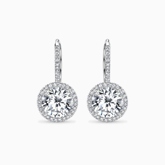 Round Diamond Drop Halo Earrings White Gold Front