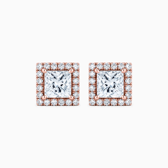 Princess Cut Diamond Halo Earrings Rose Gold Front