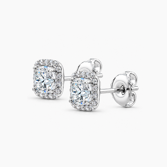 White Gold Cushion Halo Diamond Studs (1)