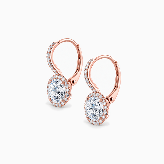 Round Diamond Drop Halo Earrings Rose Gold Angle