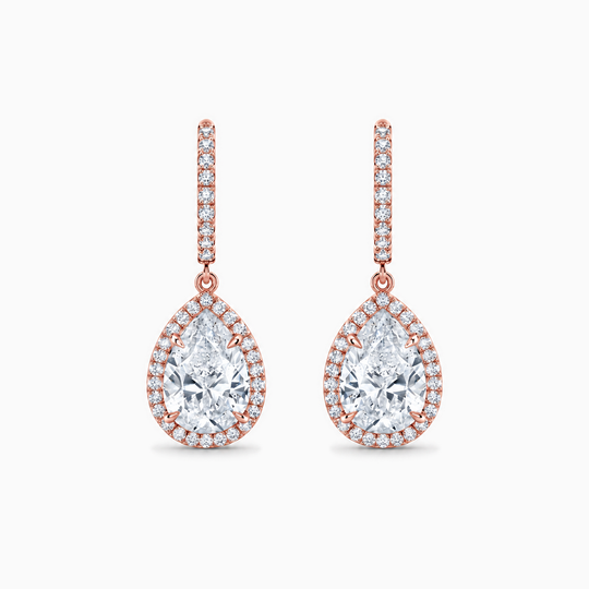 Pear Cut Diamond Drop Halo Earrings Rose Gold Front