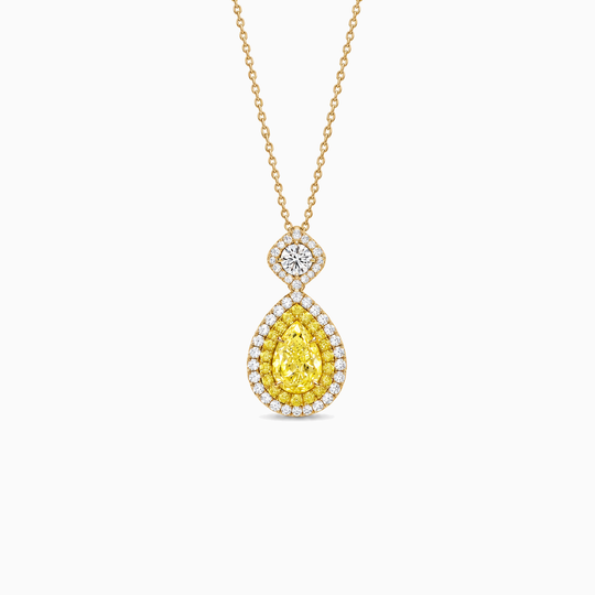 Excelsior Lab Grown Yellow Diamond Double Halo Necklace Yellow Gold Front