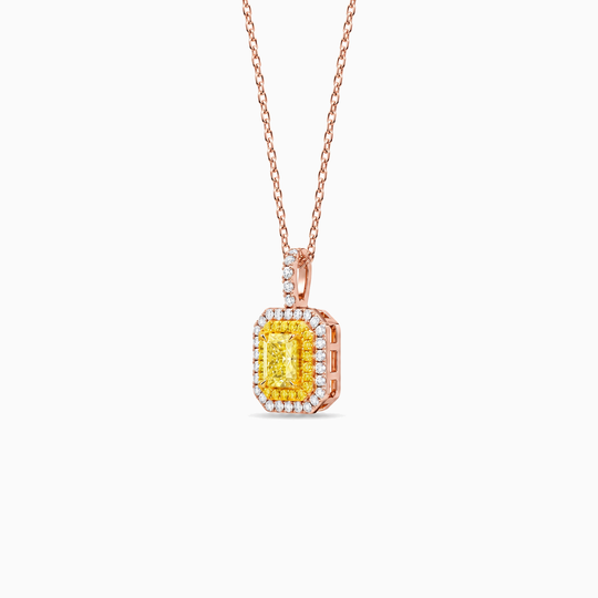 Radiance Lab Grown Yellow Diamond Double Halo Necklace Rose Gold Three Quarter