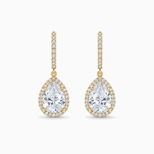Pear Cut Diamond Drop Halo Earrings Yellow Gold Front