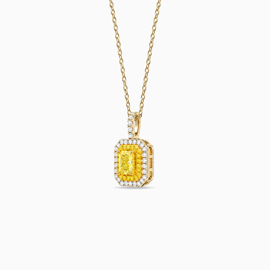 Radiance Lab Grown Yellow Diamond Double Halo Necklace Yellow Gold Three Quarter