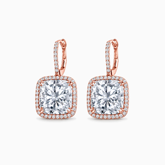 Cushion Cut Diamond Drop Halo Earrings Rose Gold Angle