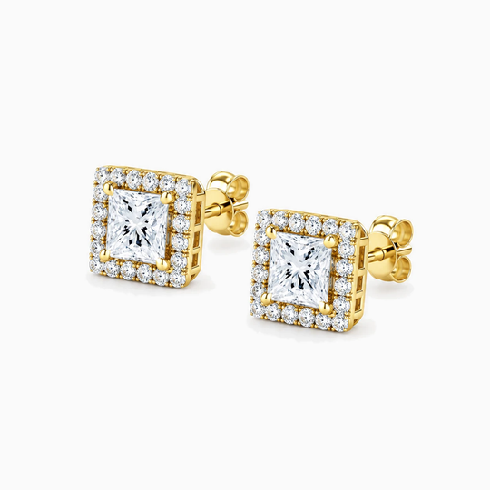 Princess Cut Diamond Halo Earrings Yellow Gold Angle