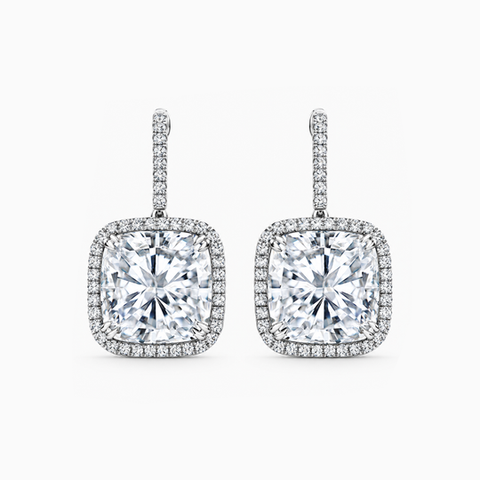 White Gold Cushion Halo Drop Earrings