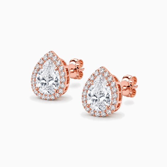 Pear Cut Diamond Halo Earrings Rose Gold Angle